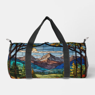 Woodland mountain scene vintage stain glass duffle bag