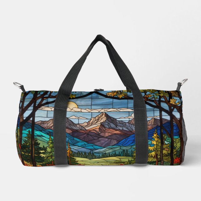 Woodland mountain scene vintage stain glass duffle bag (Front)