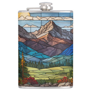 Woodland mountain scene vintage stain glass hip flask