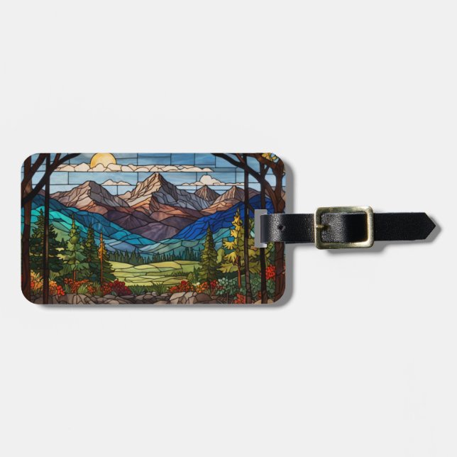 Woodland mountain scene vintage stain glass luggage tag (Front Horizontal)