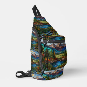 Woodland mountain scene vintage stain glass sling bag