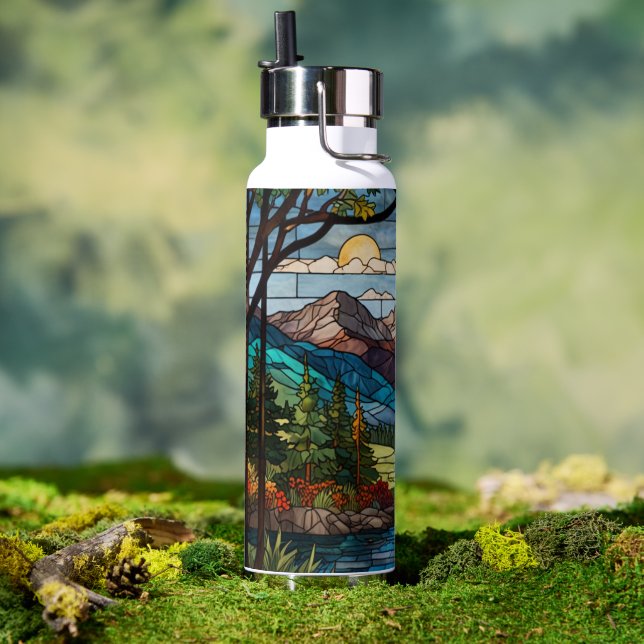 Woodland mountain scene vintage stain glass water bottle (Outdoor (Rotated))