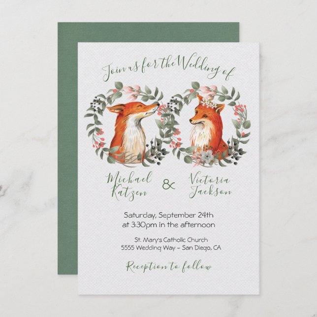 Woodland Mr. and Mrs. Fox portrait wreath Wedding Invitation (Front/Back)