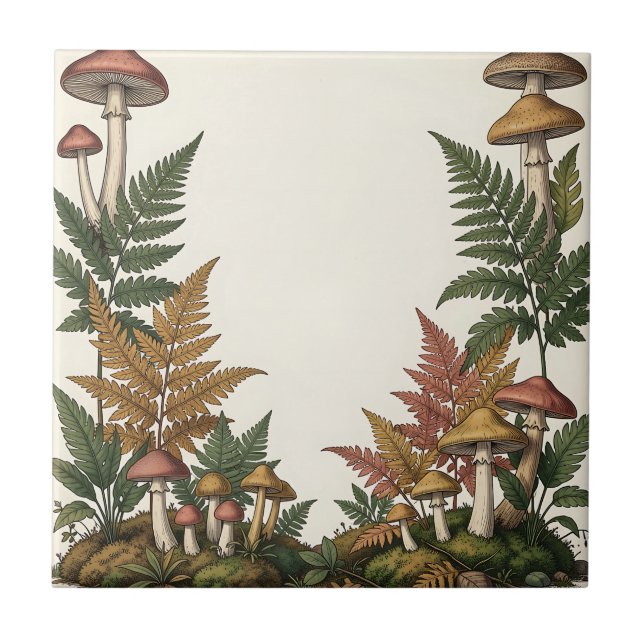Woodland Mushroom Fern Botanical Border Design Tile (Front)
