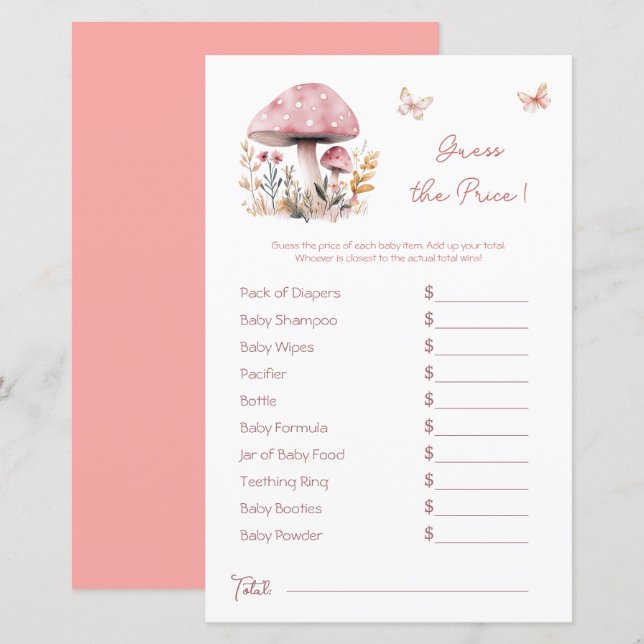 Woodland Mushroom Pink Baby Shower Price Guess (Front/Back)