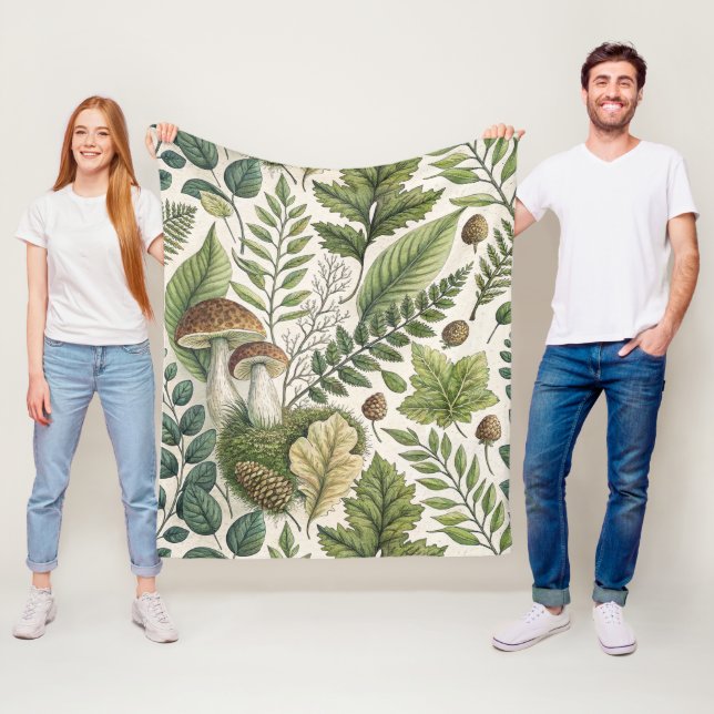 Woodland Mushrooms Pinecones Ferns Autumn Pattern Fleece Blanket (In Situ)