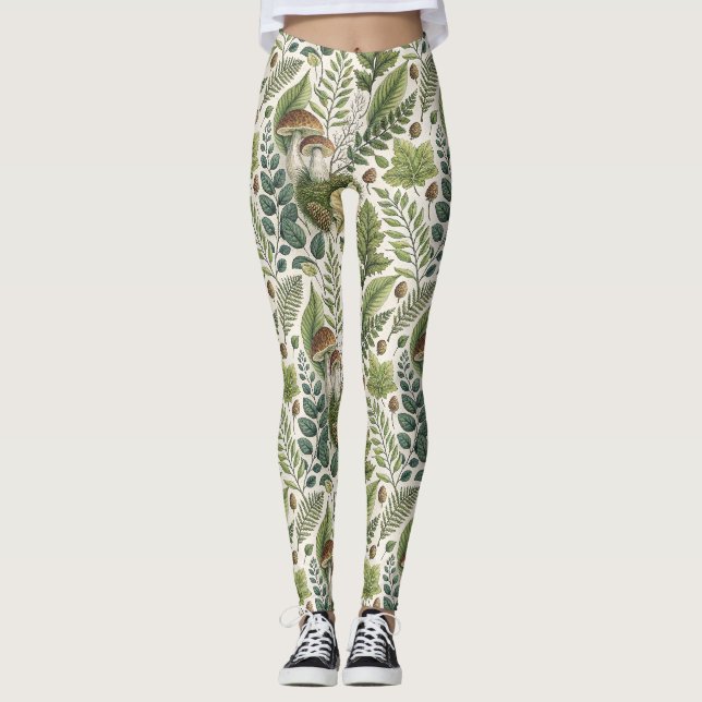 Woodland Mushrooms Pinecones Ferns Autumn Pattern Leggings (Front)