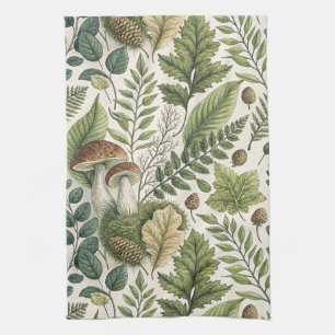 Woodland Mushrooms Pinecones Ferns Autumn Pattern Tea Towel