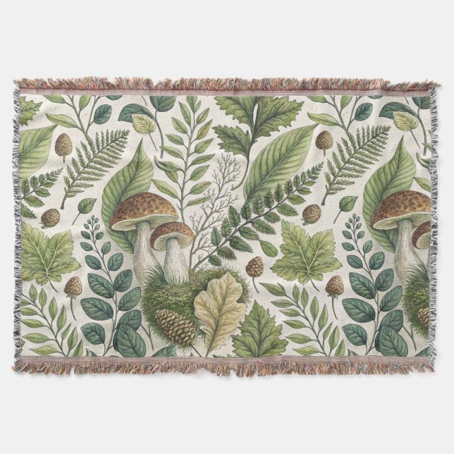 Woodland Mushrooms Pinecones Ferns Autumn Pattern Throw Blanket (Front)