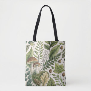 Woodland Mushrooms Pinecones Ferns Autumn Pattern Tote Bag