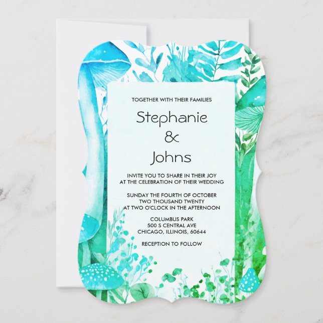 Woodland Mushrooms Teal Blue Green Rustic Wedding Invitation (Front)