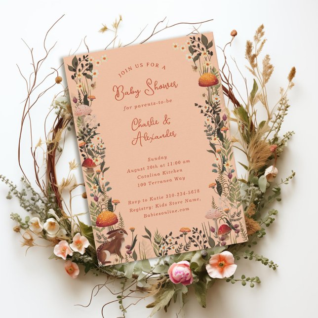 woodland mushrooms wildflowers peach baby shower  invitation (Creator Uploaded)