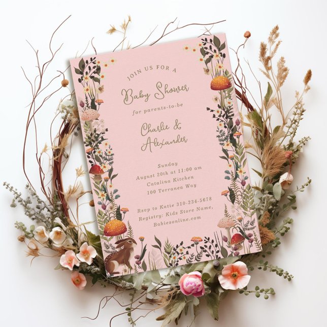 woodland mushrooms wildflowers pink baby shower  invitation (Creator Uploaded)
