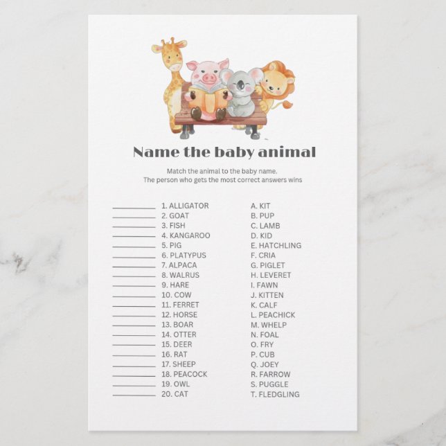  Woodland Name the baby animal baby shower game (Front)