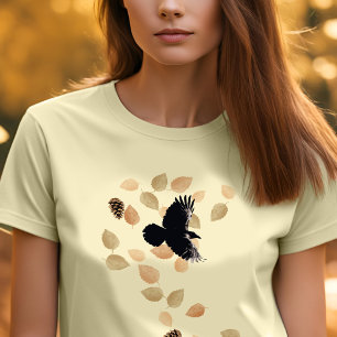 Woodland Nature Autumn Leaves & Flying Raven Bird T-Shirt