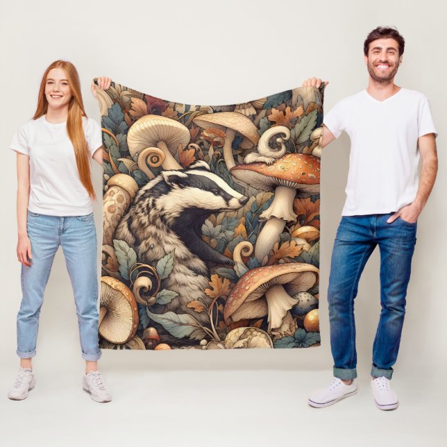 Woodland Nature Colours Mushrooms Badger Whimsical Fleece Blanket (In Situ)