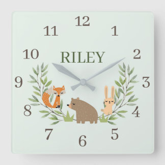 Woodland Nursery Animals Square Wall Clock