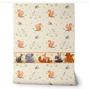 Woodland Nursery  with Forest Animals Border Wallpaper