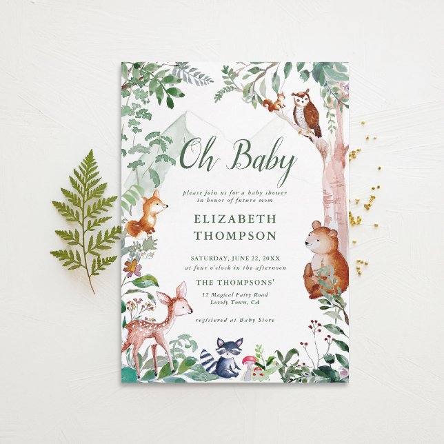 Woodland Oh Baby Enchanted Woods Cute Baby Shower Invitation (woodland baby shower invitation neutral enchanted forest bear fox deer magical woods fairy)