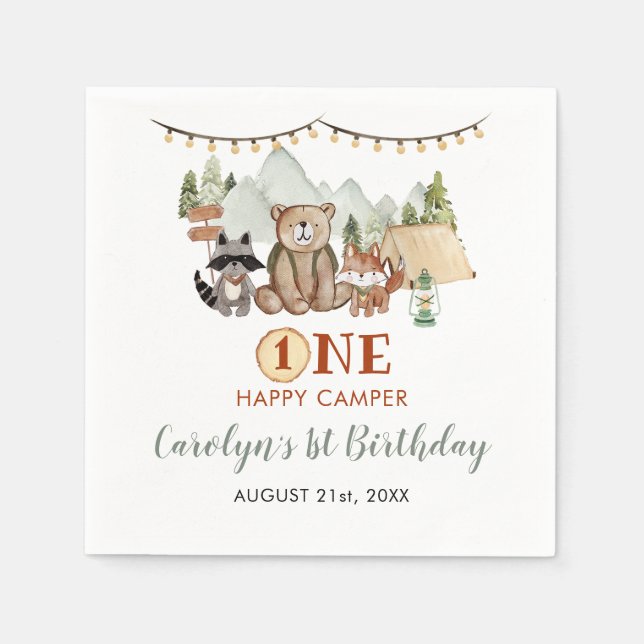 Woodland One Happy Camper First Birthday Paper Napkin (Front)