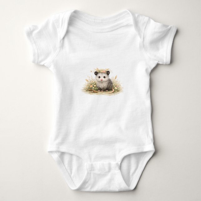 Woodland opossum baby bodysuit (Front)