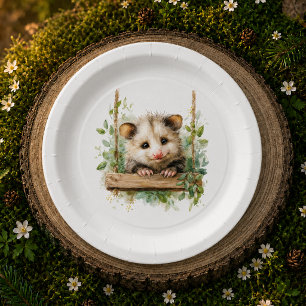 Woodland Opossum Baby Shower • Neutral Paper Plate
