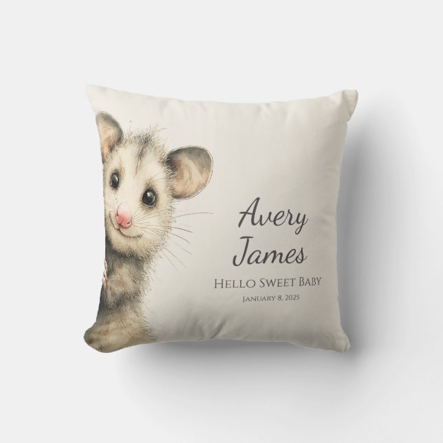 Woodland Opossum Baby • Warm Cream Nursery Cushion (Front)