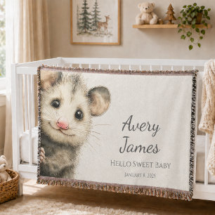Woodland Opossum Baby • Warm Cream Nursery Throw Blanket