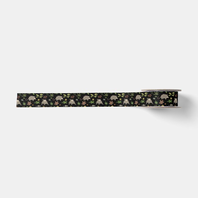 Woodland Opossum Black and Sage Botanical Satin Ribbon (Front)