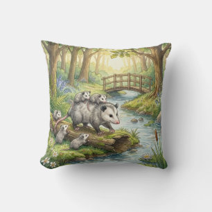 Woodland Opossum Mama & Babies Kids Throw Pillow