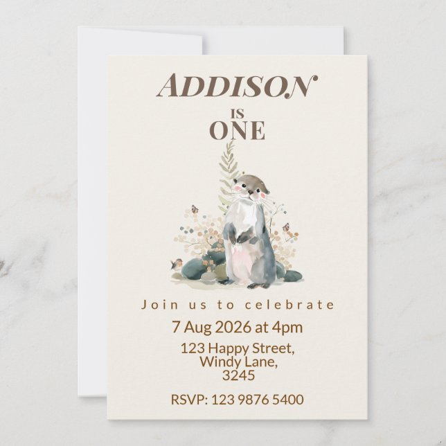 Woodland Otter First Birthday Invitation (Front)