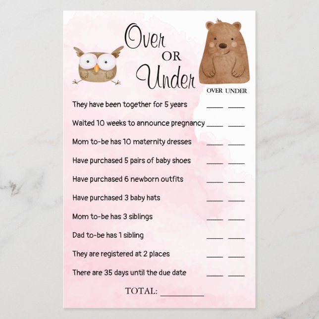 Woodland Over or Under Baby shower game card (Front)