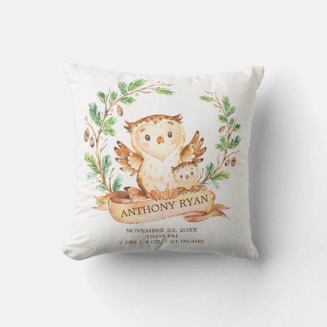 Woodland OWL Baby Birth Stats Pillow (Front)