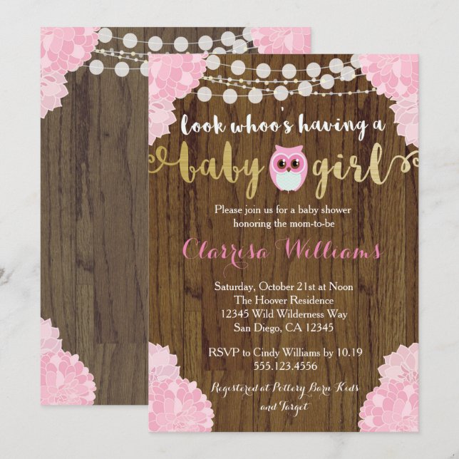 Woodland Owl Baby Girl Shower Invitation (Front/Back)