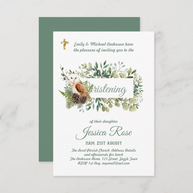 Woodland Owl Christening Invites Baptism  (Front/Back)