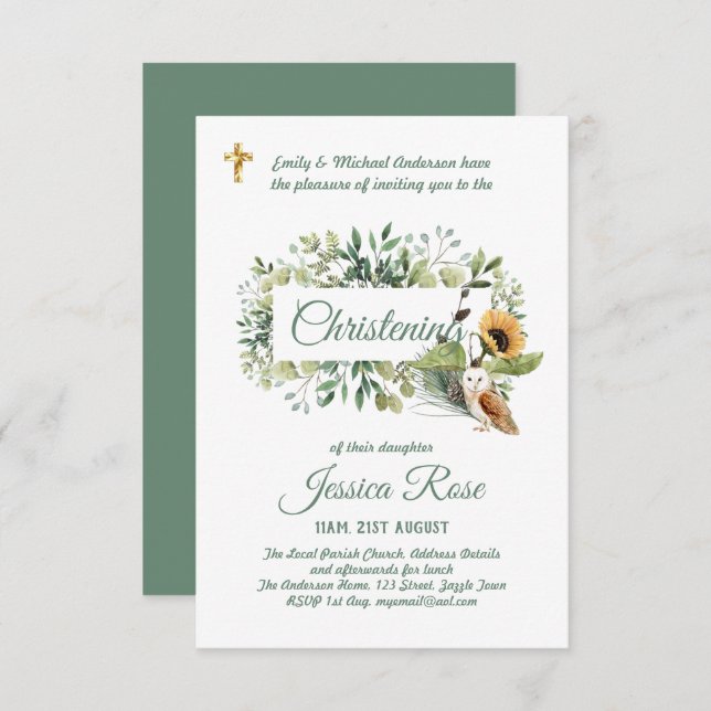 Woodland Owl Christening Invites Baptism  (Front/Back)