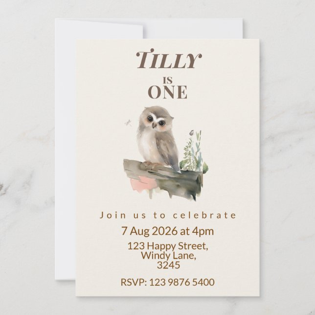 Woodland Owl First Birthday Invitation (Front)