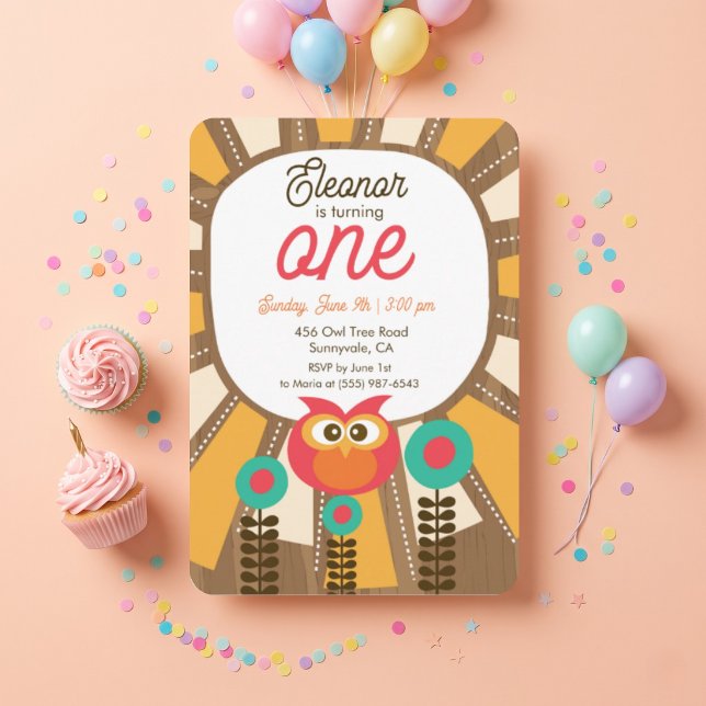 Woodland Owl First Birthday Invitation – One Year  (Creator Uploaded)