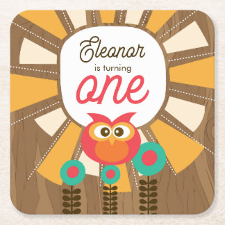 Woodland Owl First Birthday Invitation – One Year  Square Paper Coaster