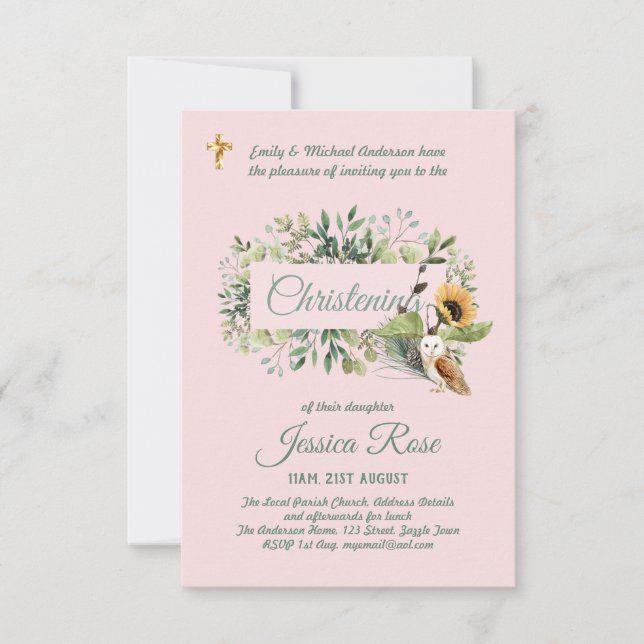 Woodland Owl Girls Christening Invites Baptism  (Front)