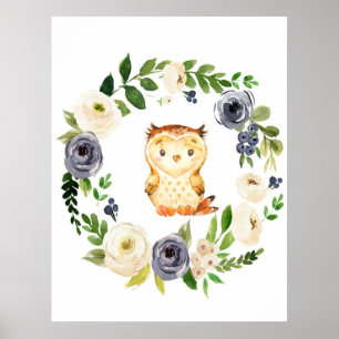 Woodland Owl navy floral nursery print