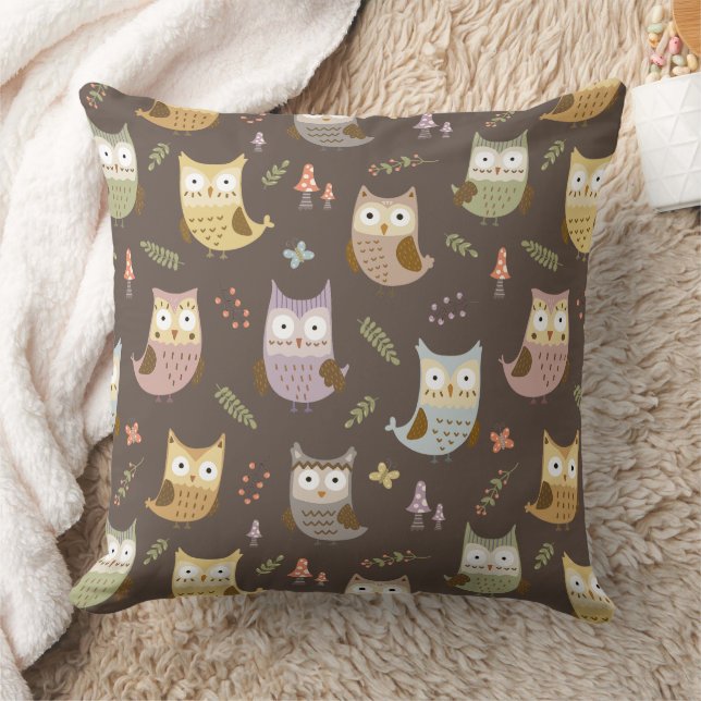 Woodland Owl Pattern, Brown Cushion (Blanket)