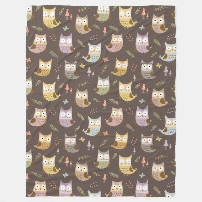 Woodland Owl Pattern, Kids Brown Fleece Blanket (Front)