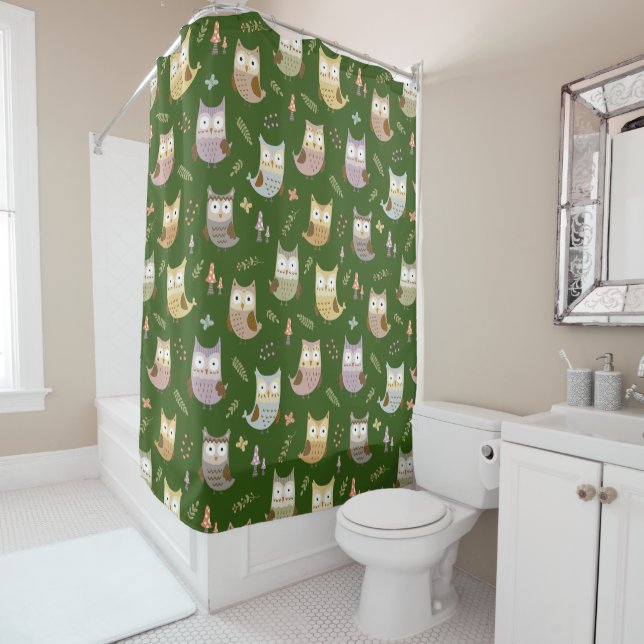 Woodland Owl Pattern, Kids Green Bathroom Shower Curtain (In Situ)