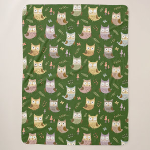 Woodland Owl Pattern, Kids Green Sherpa Blanket