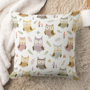 Woodland Owl Pattern, Kids White and Brown Cushion