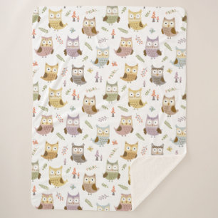 Woodland Owl Pattern, Kids White Sherpa Blanket
