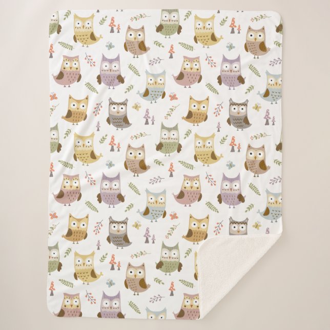 Woodland Owl Pattern, Kids White Sherpa Blanket (Front)