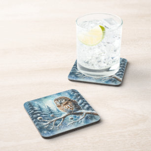 Woodland Owl Serene Winter Forest Wildlife Coaster