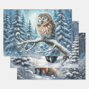 Woodland Owl Serene Winter Forest Wildlife Wrapping Paper Sheet